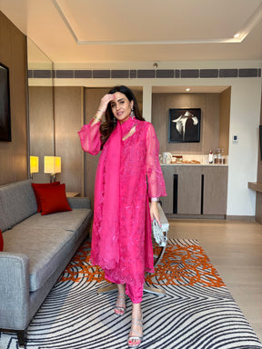 Hot Pink Organza Embroidered Suit Set