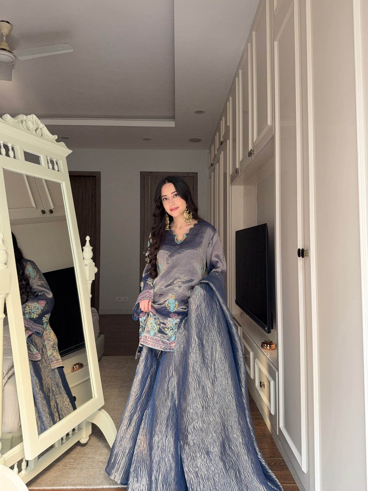 Midnight Blue Tissue Block Print Sharara Set