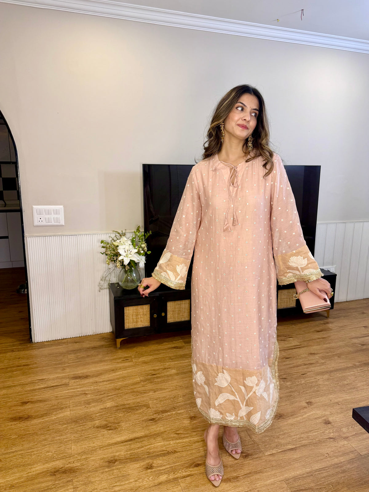 Pink Blossom Mirrorwork Kaftan Dress