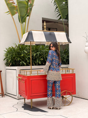 Blue Patola Print Zariwork Coord Set