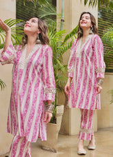 Pink Striped Kurta Pants Set