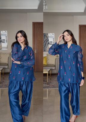 Blue Chanderi Embroidered Kurta Set