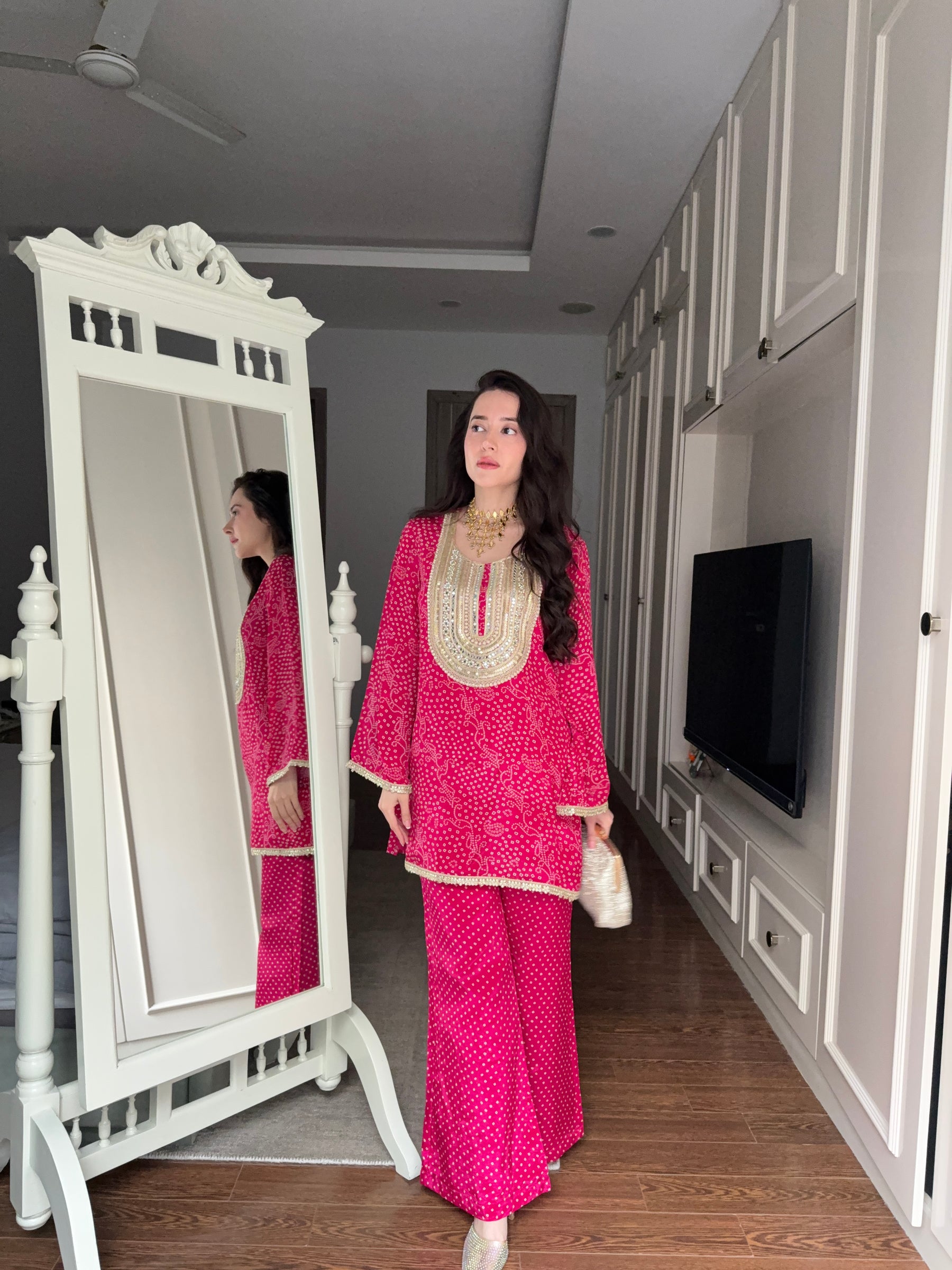 Pink Bandhej Print Coord Set