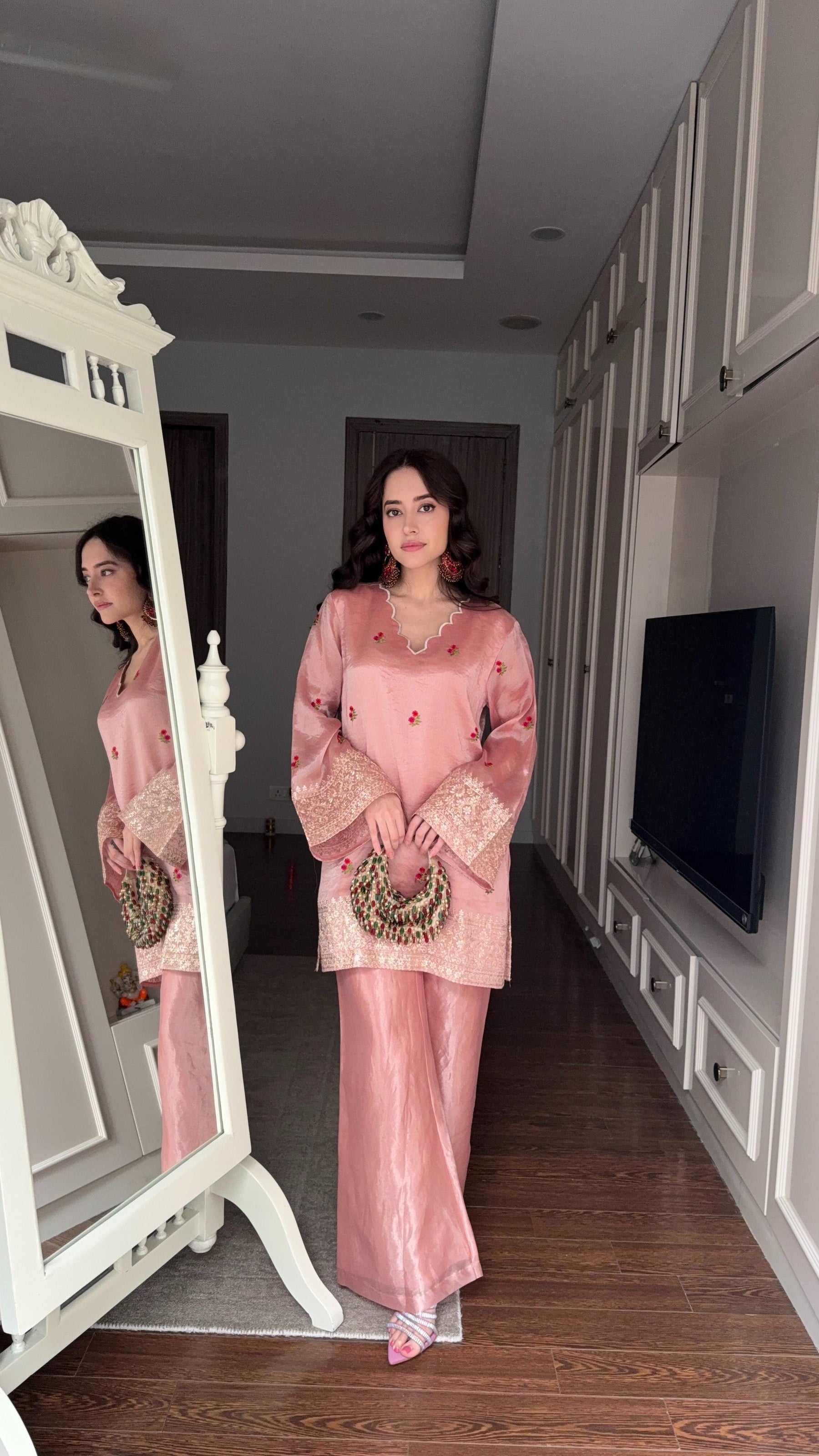 Rose Pink Floral Tissue Embroidered Coord Set