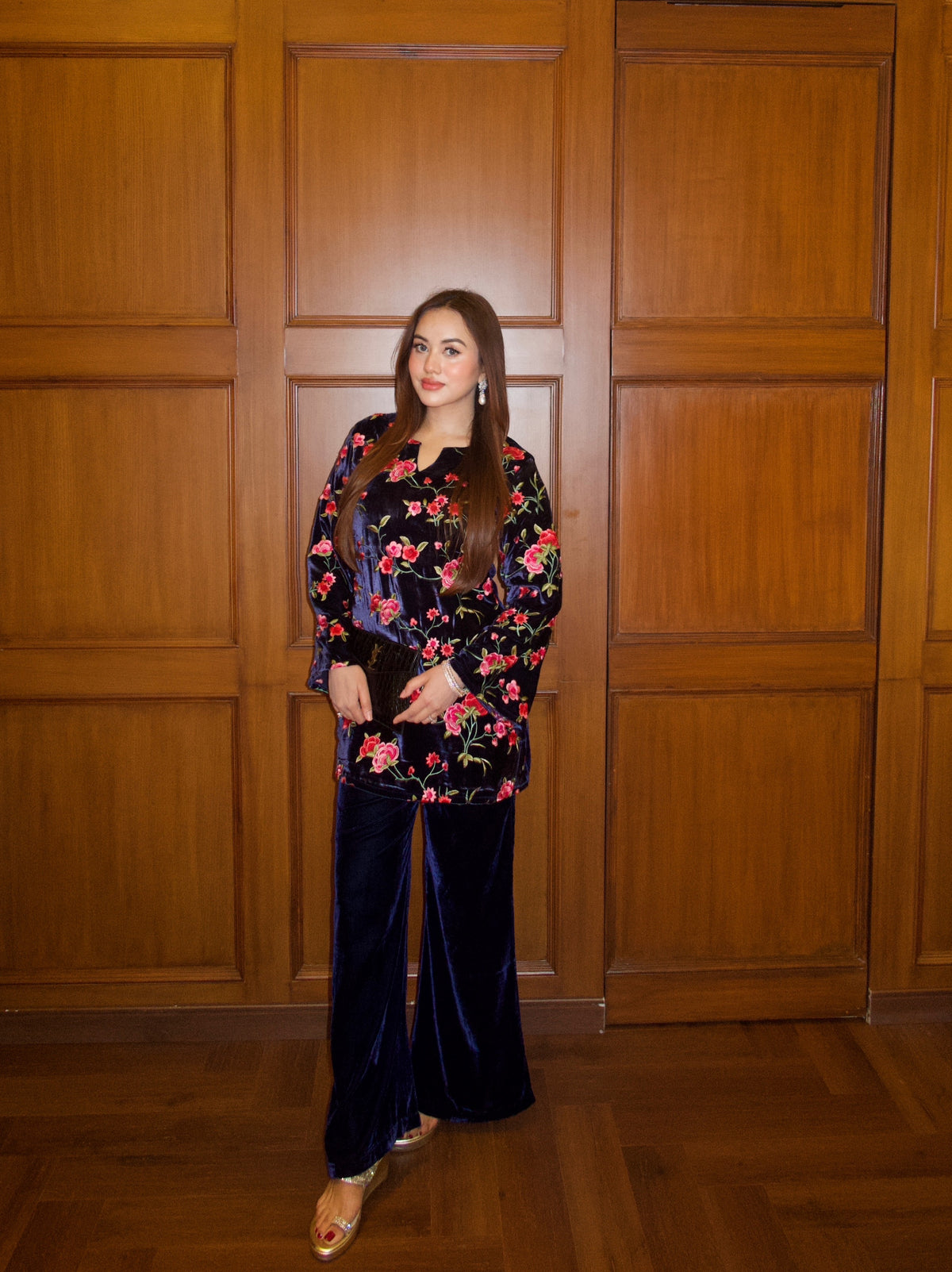 Deep Blue Embroidered Velvet Coord Set