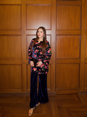 Deep Blue Embroidered Velvet Coord Set