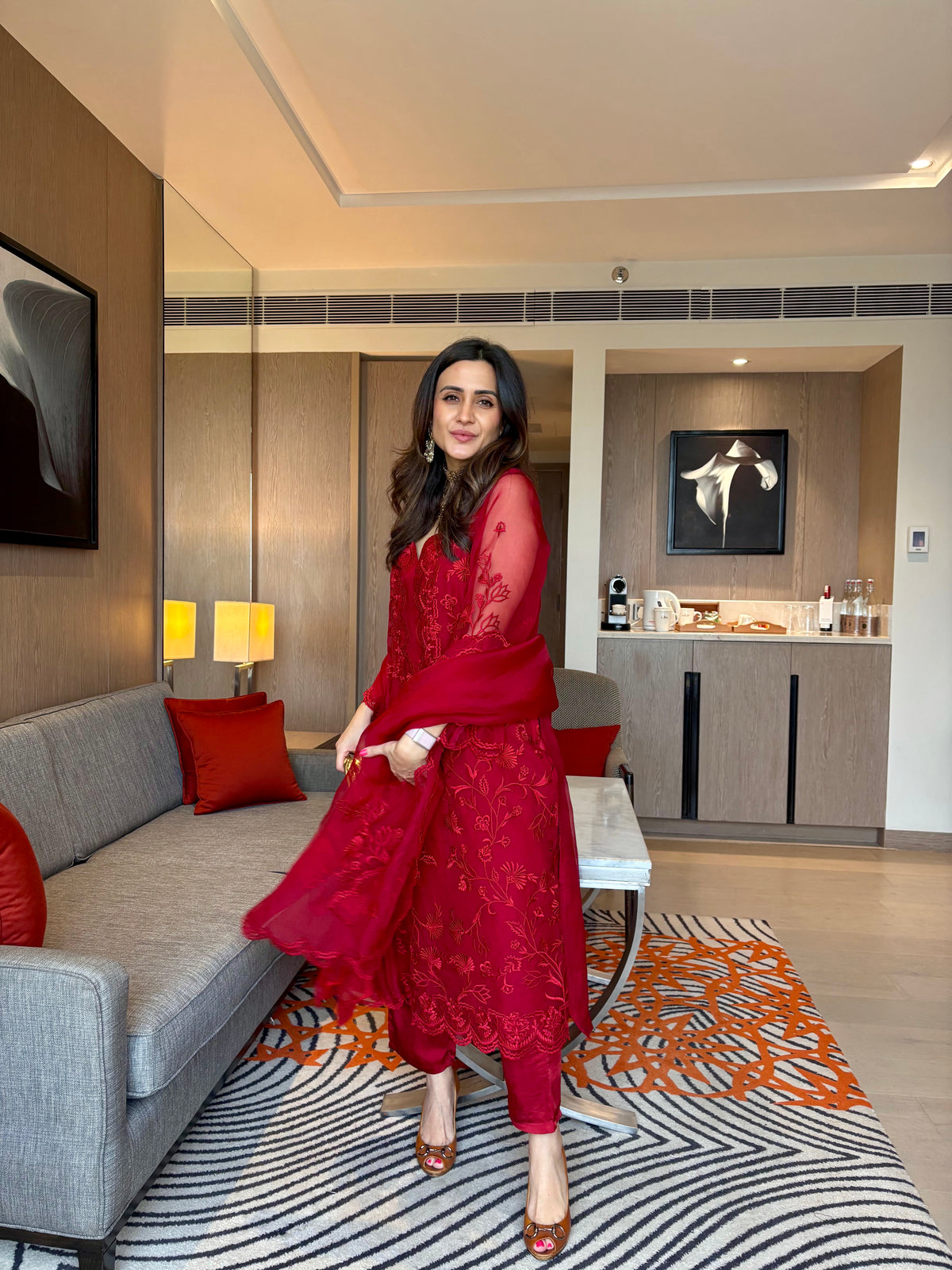 Cherry Red Organza Embroidered Suit Set