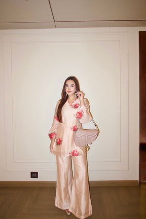 Peach Embroidered Floral Coord Set