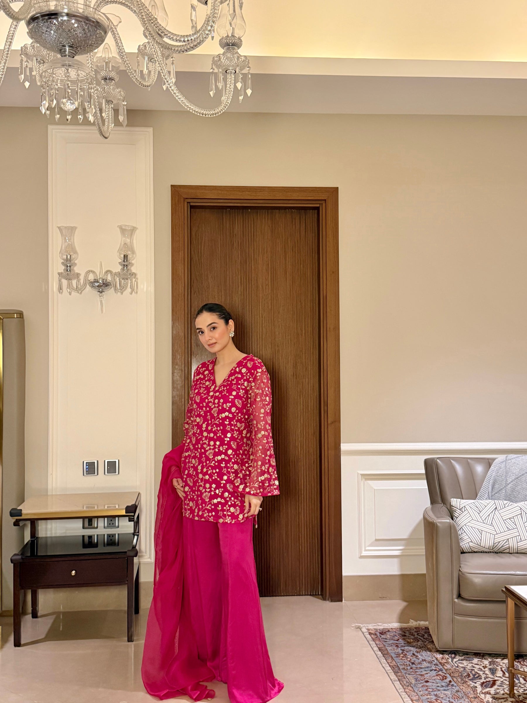 Pink Organza Embroidered Sharara Set
