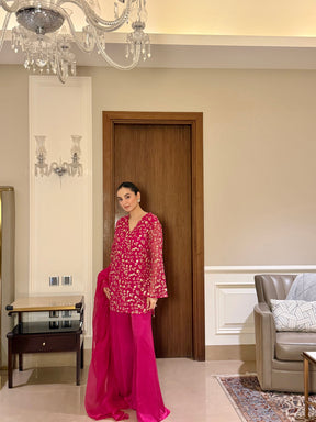 Pink Organza Embroidered Sharara Set