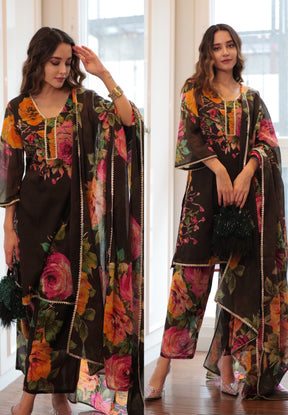 Brown Floral Print Suit Set