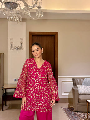 Pink Organza Embroidered Sharara Set