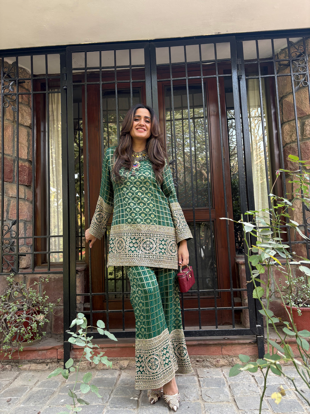 Green Bandhej Zariwork Coord Set