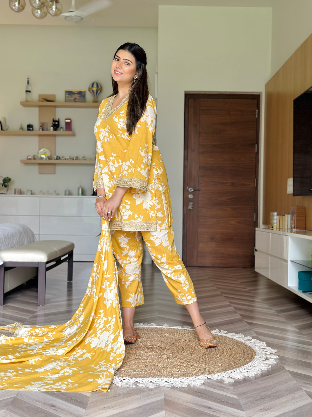 Mustard Floral Printed Dupatta Suit Set