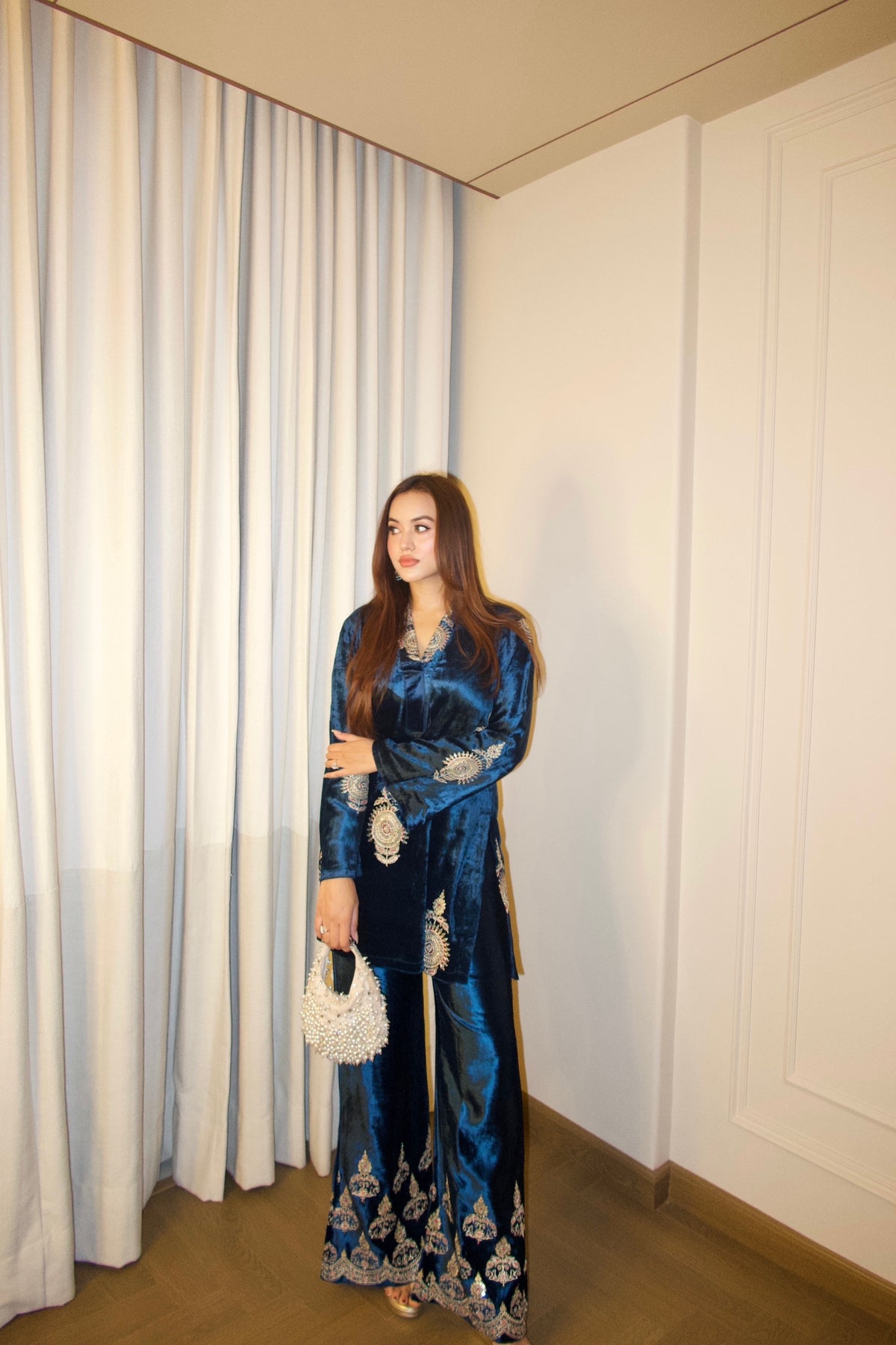 Teal Blue Velvet Embroidered Coord Set