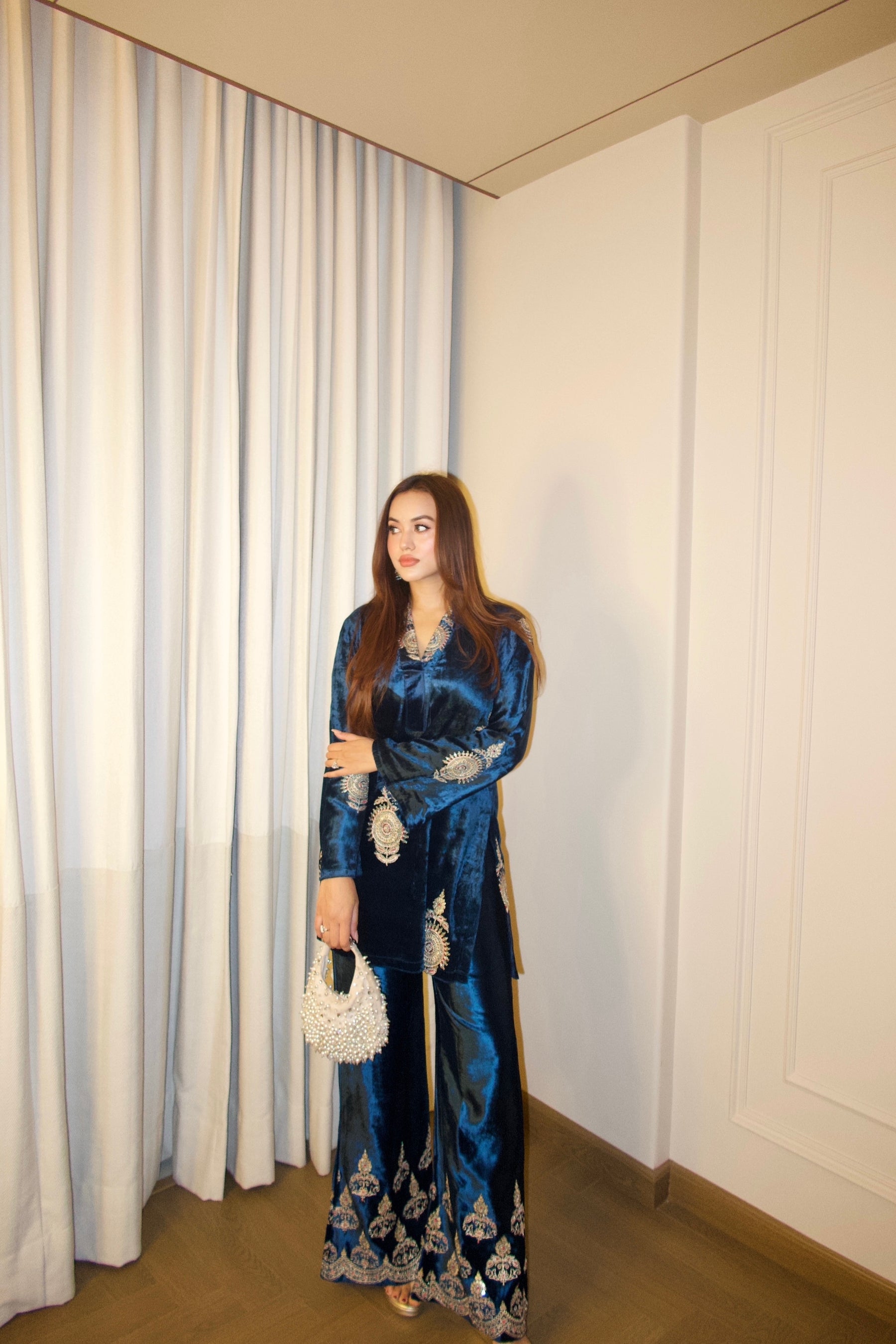 Teal Blue Velvet Embroidered Coord Set