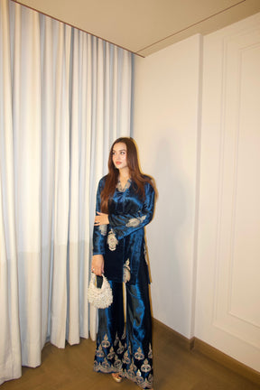 Teal Blue Velvet Embroidered Coord Set