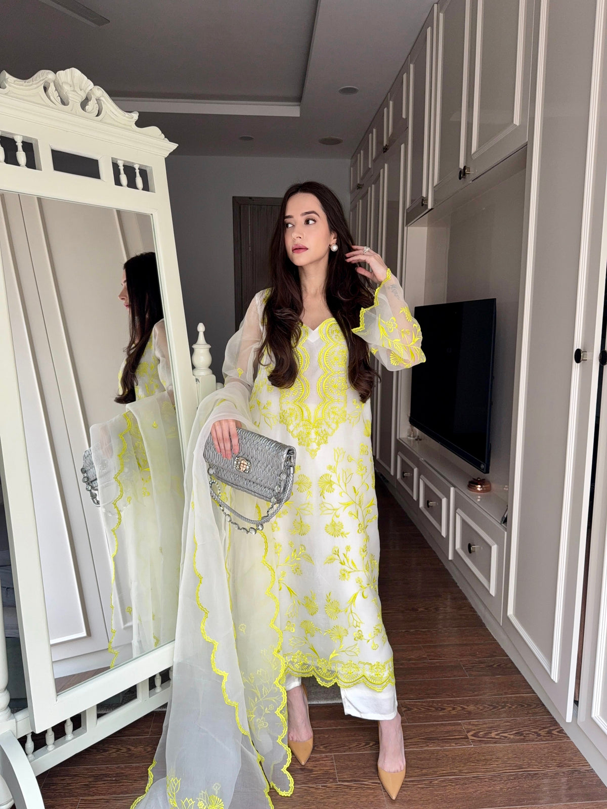 Pure White Organza Embroidered Suit Set