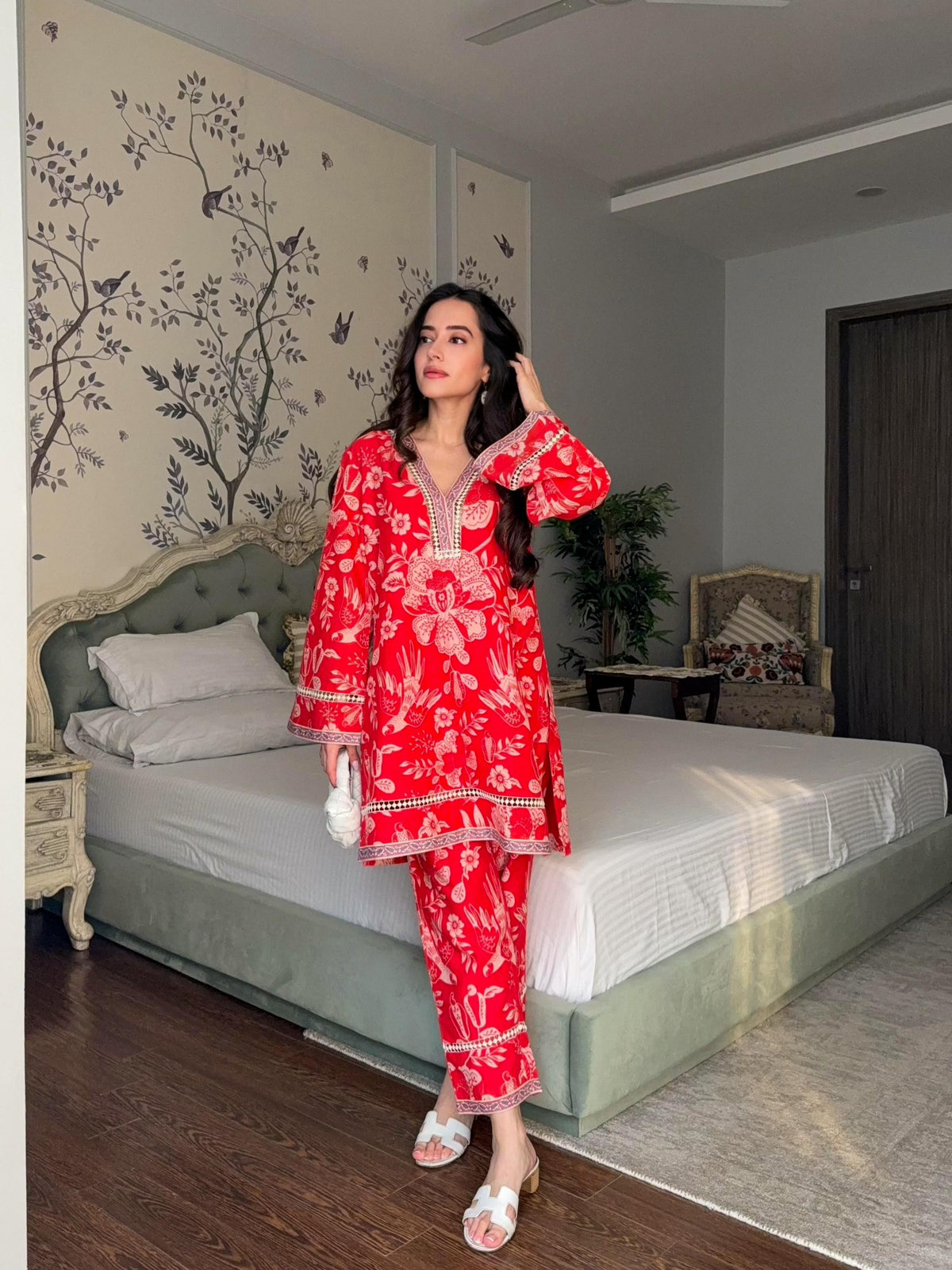 Red Lace Kurta Pants Set
