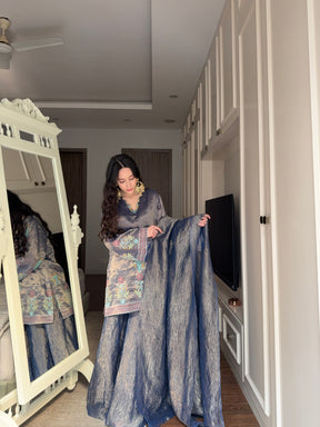 Midnight Blue Tissue Block Print Sharara Set