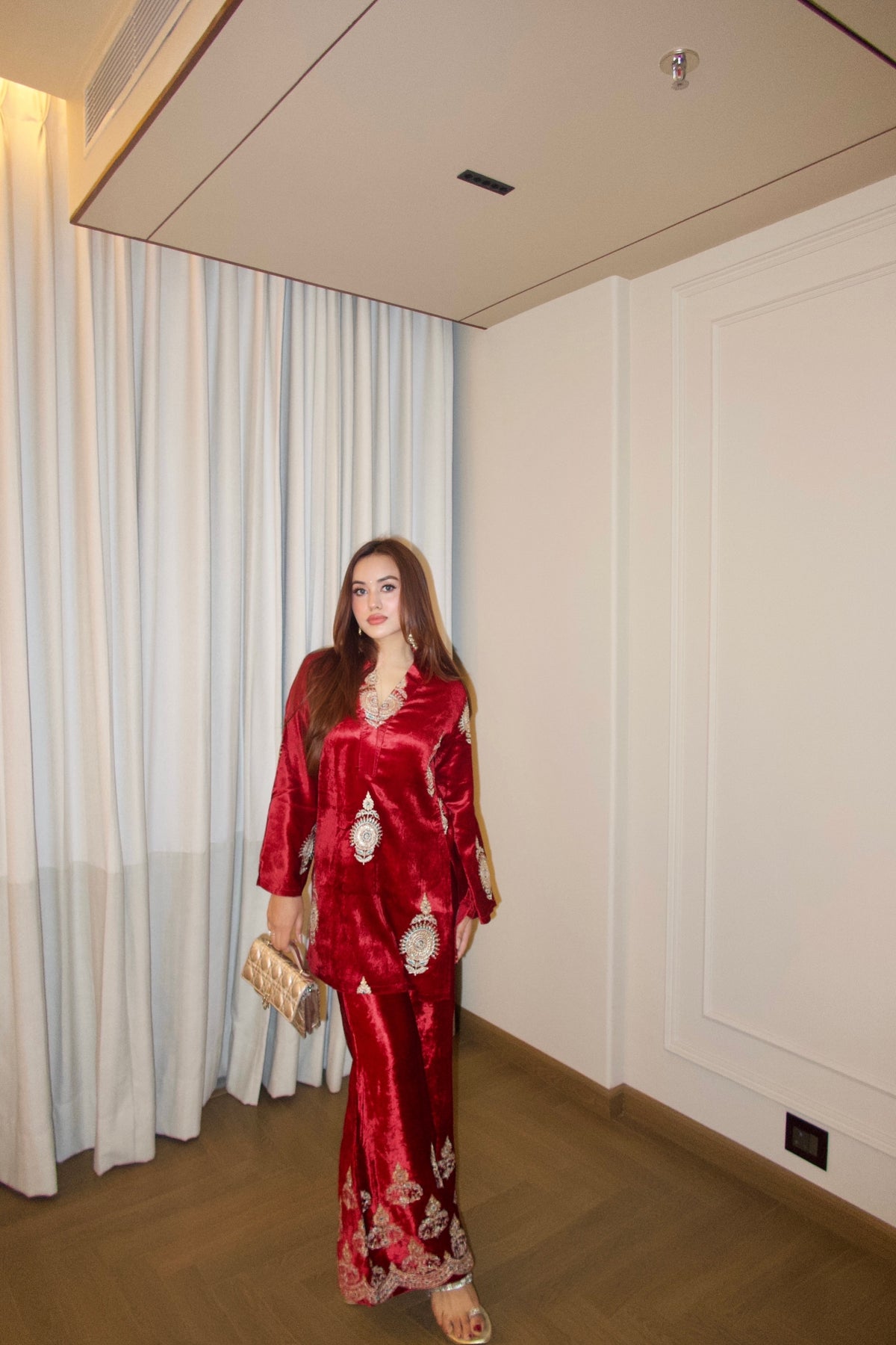 Wine Velvet Embroidered Coord Set