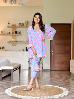 Floral Lilac Kurta Pants Set