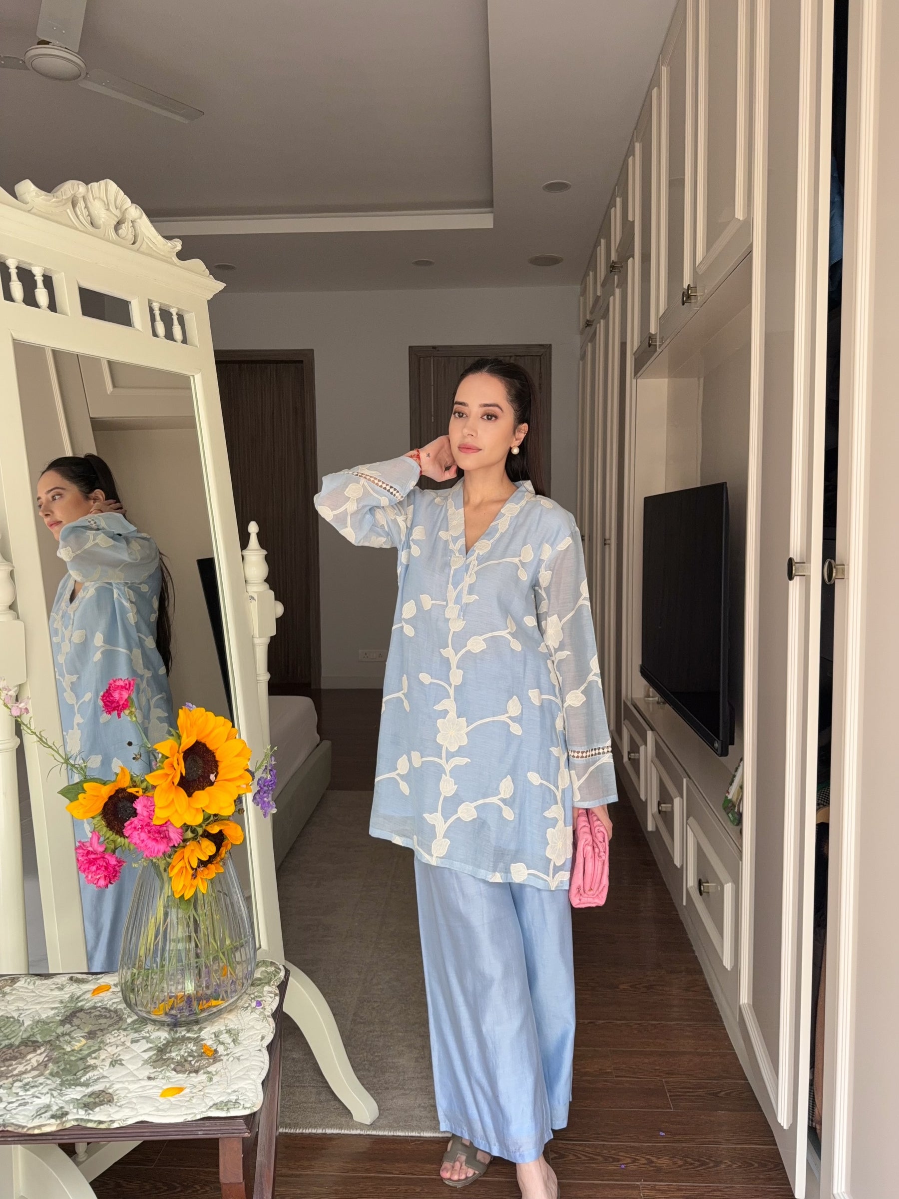 Ocean Blue Cutwork Embroidery Floral Coord Set