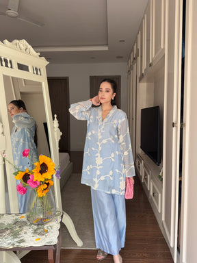 Ocean Blue Cutwork Embroidery Floral Coord Set