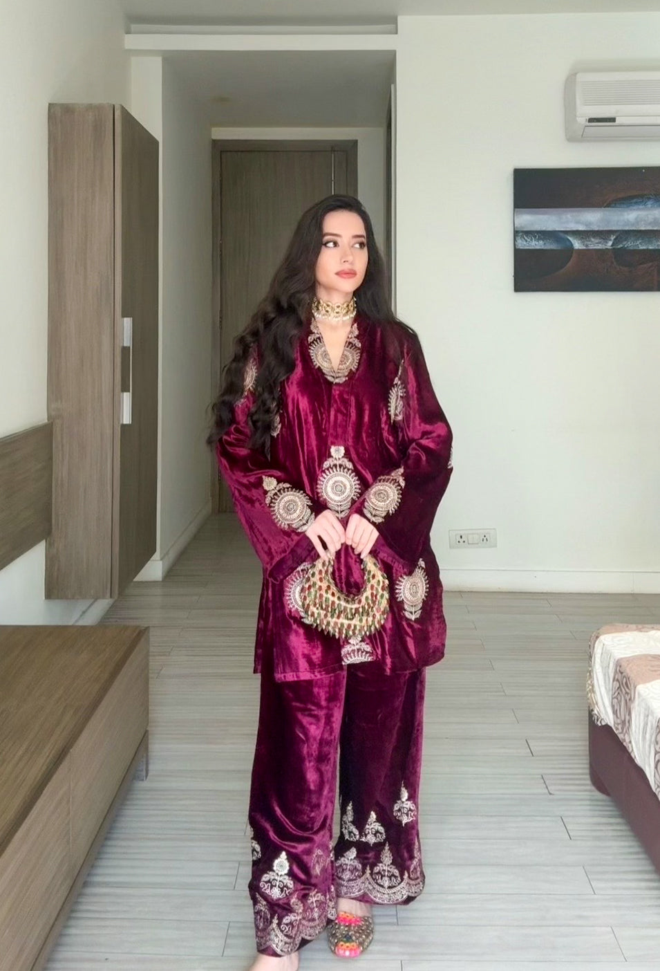 Burgundy Embroidered Velvet Coord Set