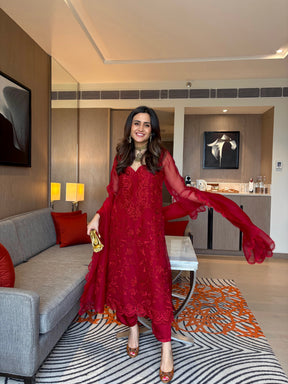Cherry Red Organza Embroidered Suit Set
