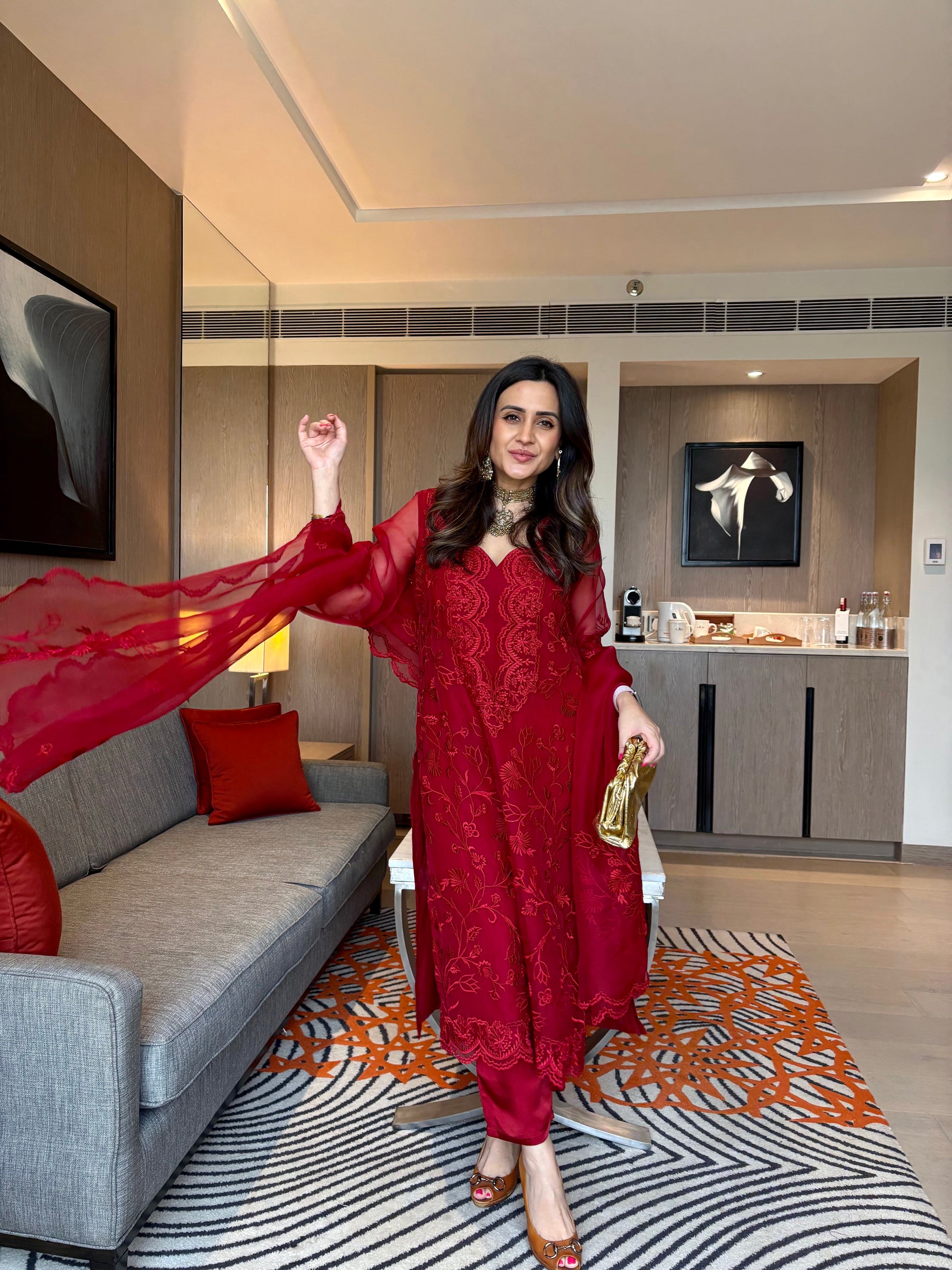 Cherry Red Organza Embroidered Suit Set