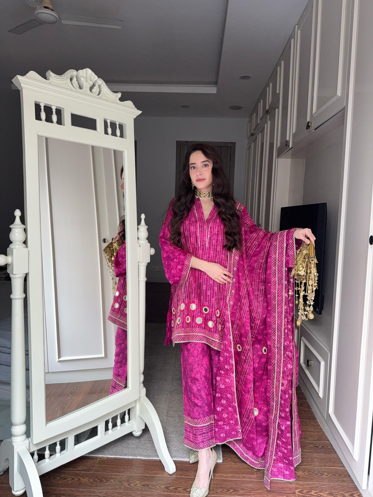 Pink Pop Mirrorwork Suit Set