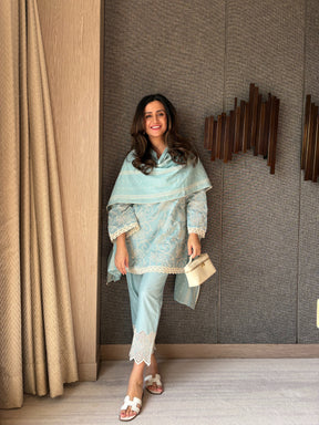 Sky Blue Embroidered Cotton Suit Set
