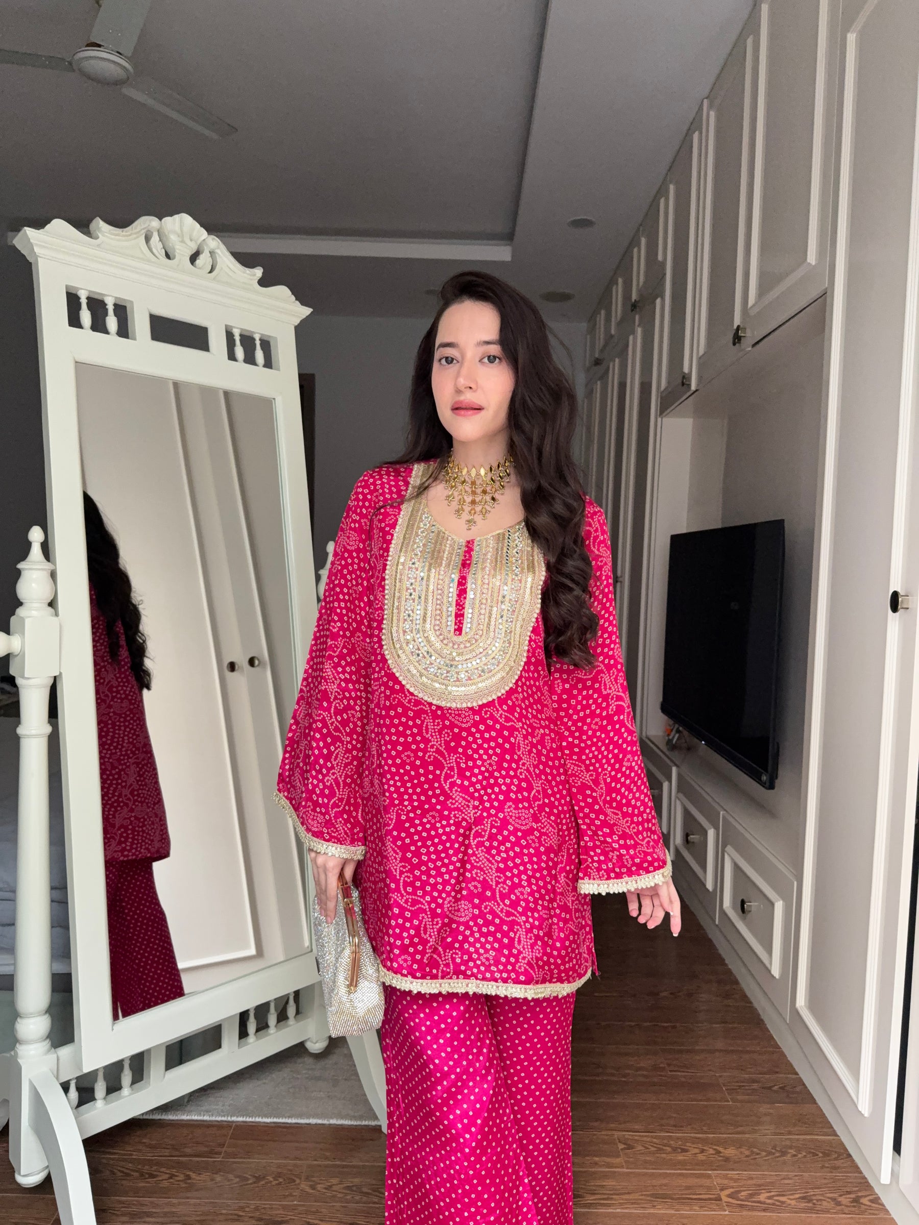 Pink Bandhej Print Coord Set