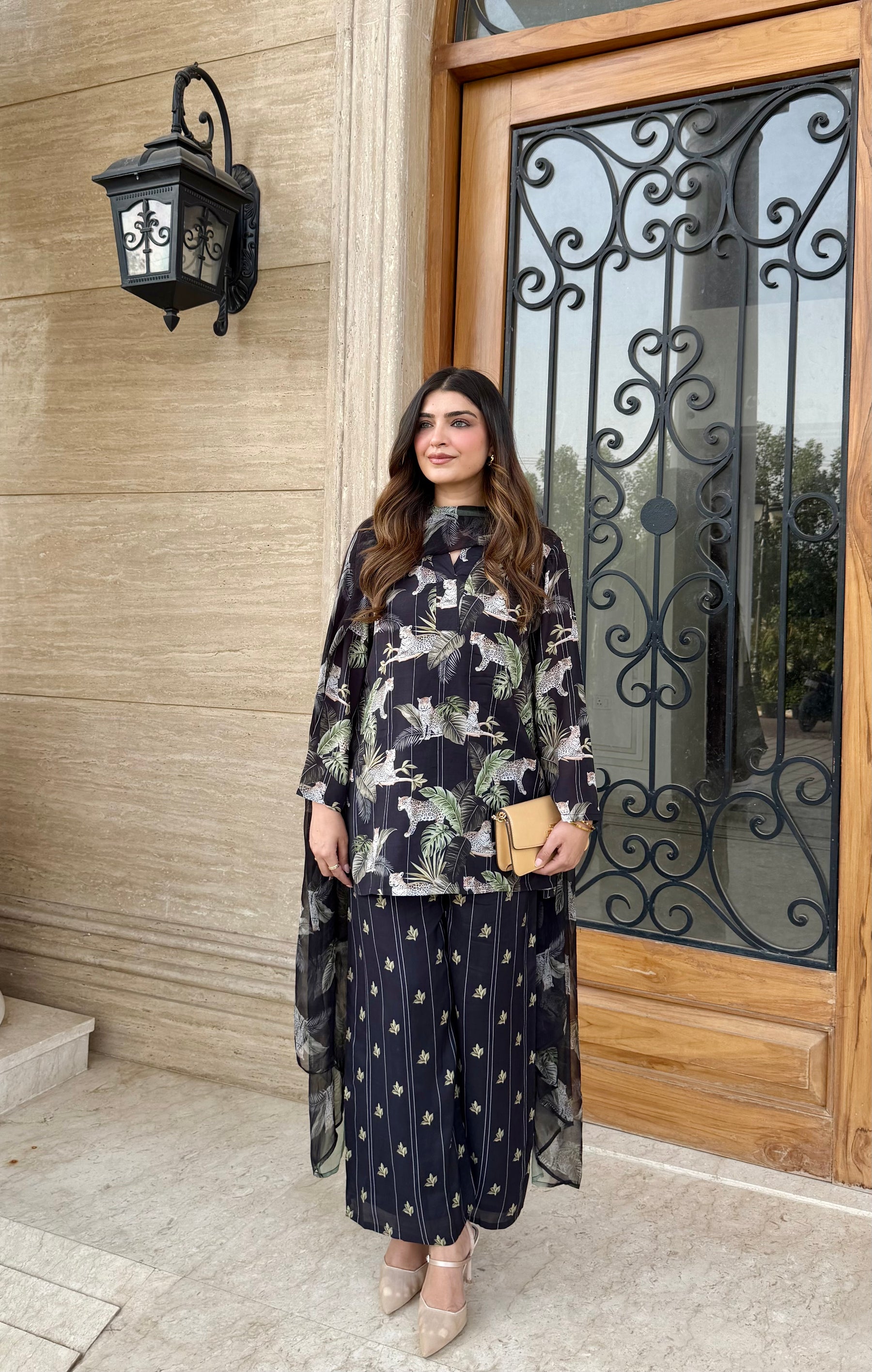 Black Printed Three Piece Suit Set