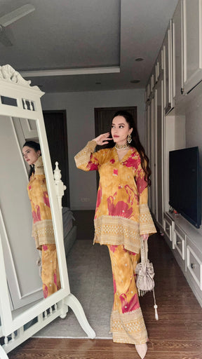 Mustard Zari Beadwork Coord Set