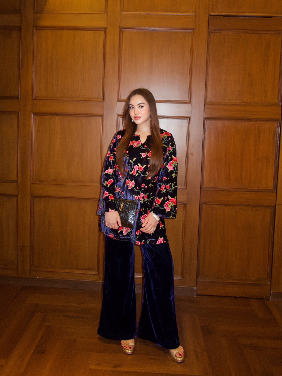 Deep Blue Embroidered Velvet Coord Set