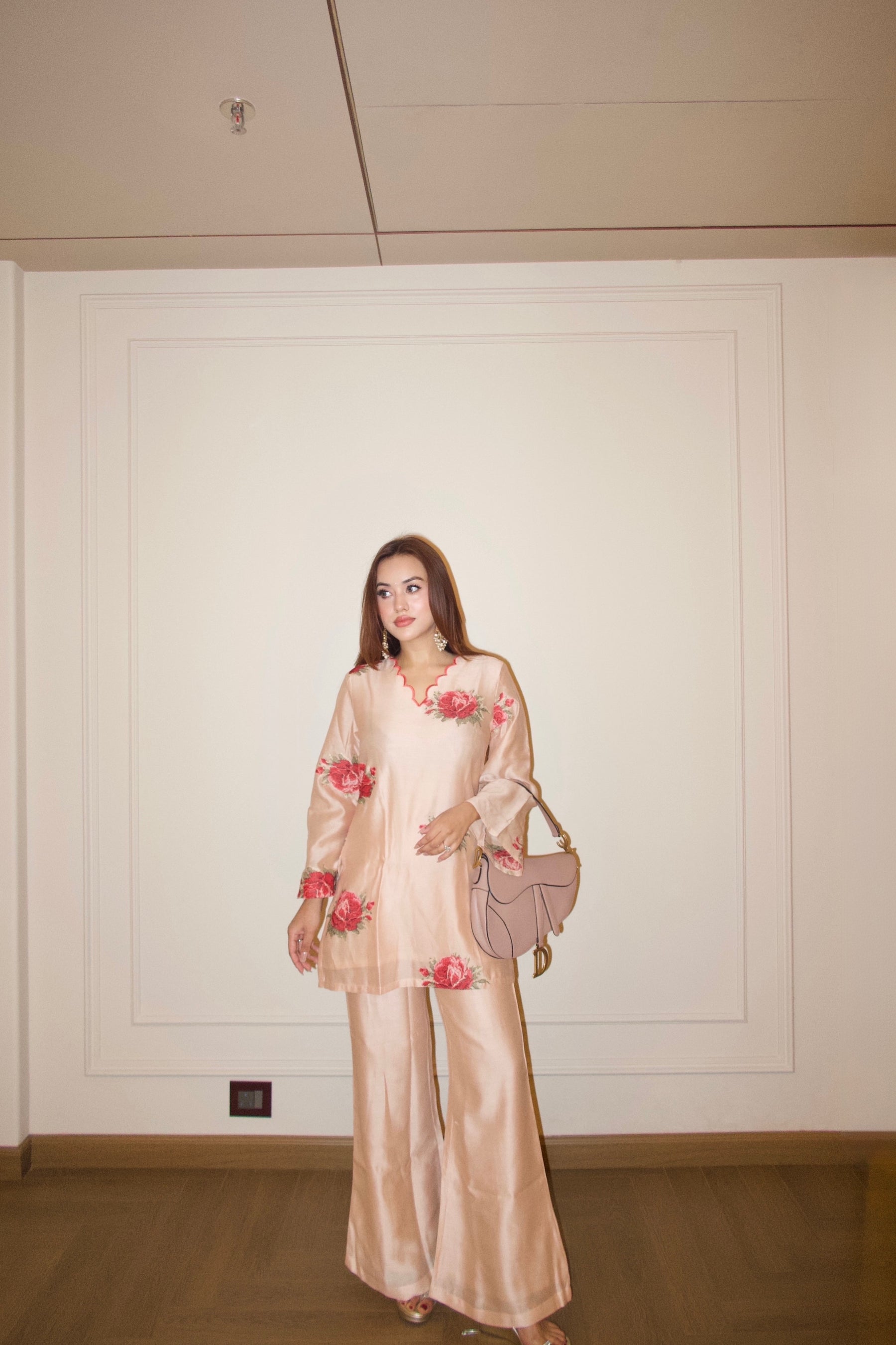 Peach Embroidered Floral Coord Set