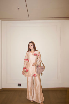Peach Embroidered Floral Coord Set