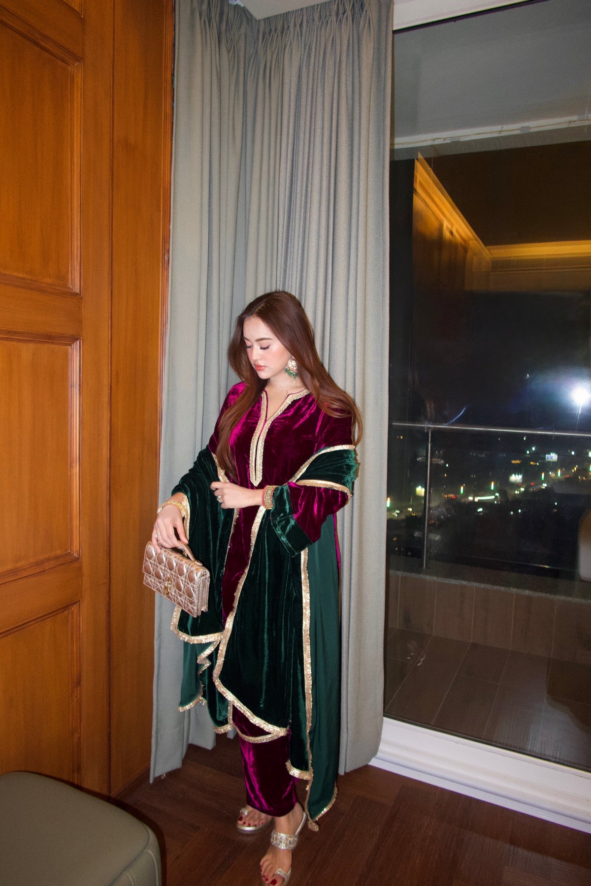 Burgundy Velvet Combination Suit Set