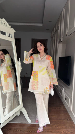 Creamy Pastel Block Print Chanderi Coord Set