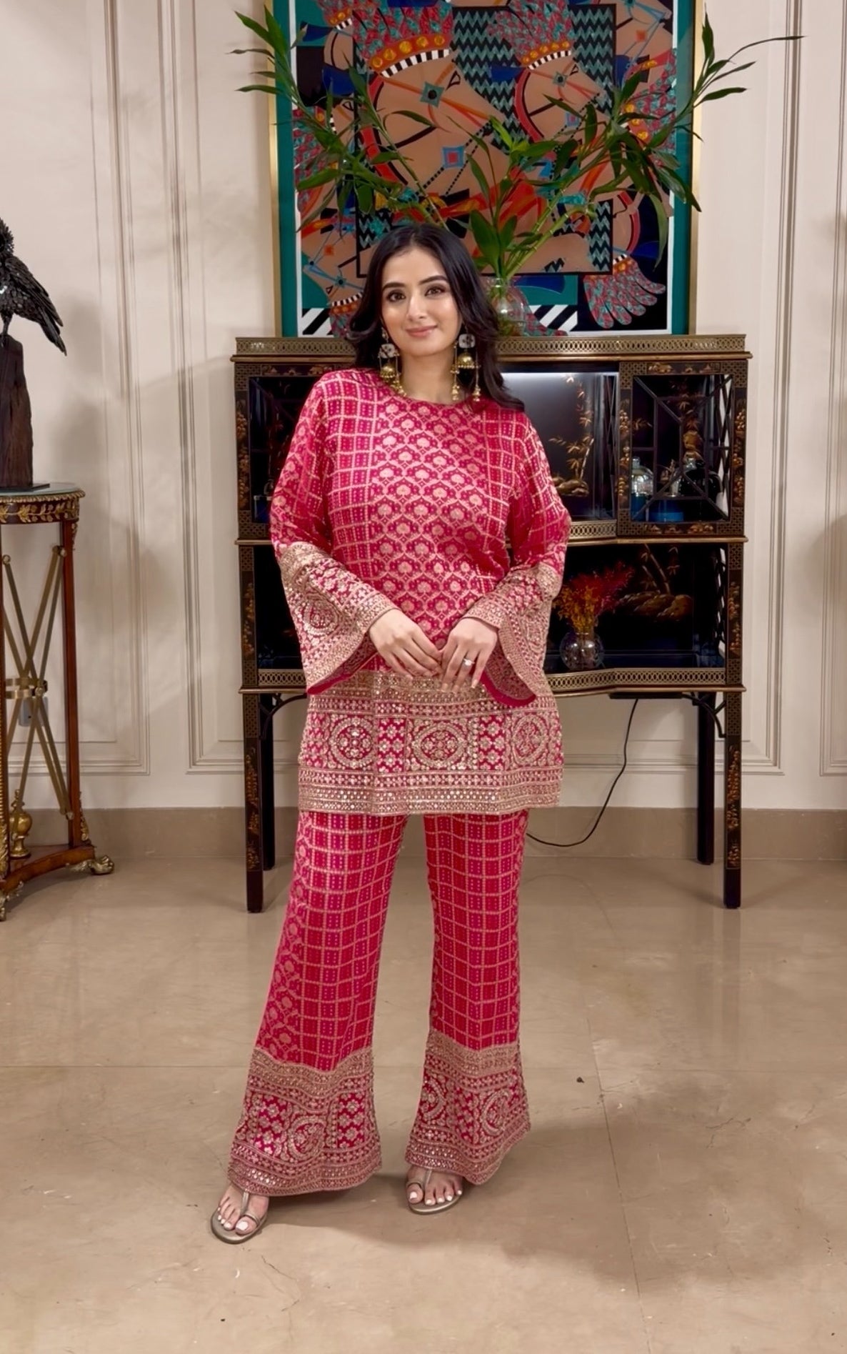 Pink Bandhej Zariwork Coord Set