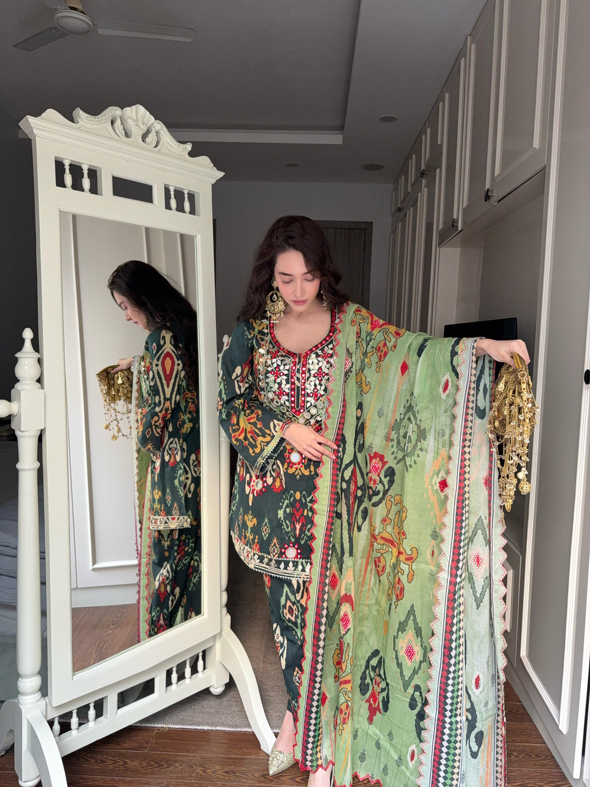 Bottle Green Mirrorwork Suit Set
