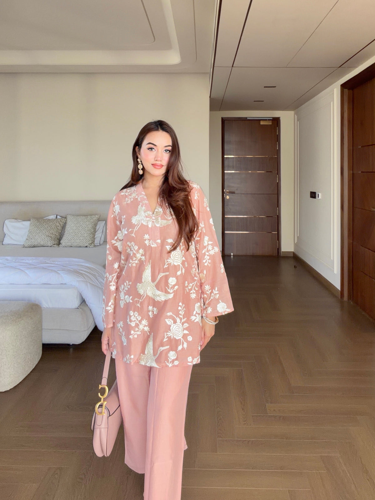 Pastel Peach Embroidered Coord Set