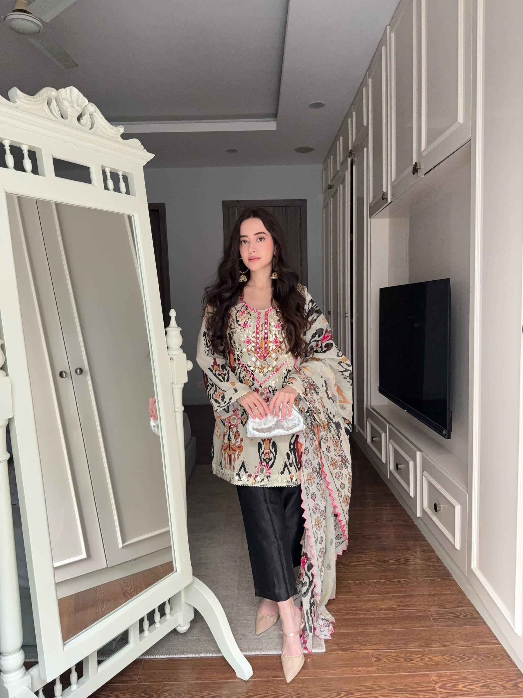 Classic Beige Mirrorwork Suit Set