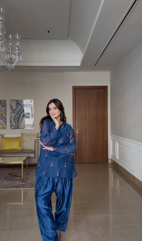 Blue Chanderi Embroidered Kurta Set