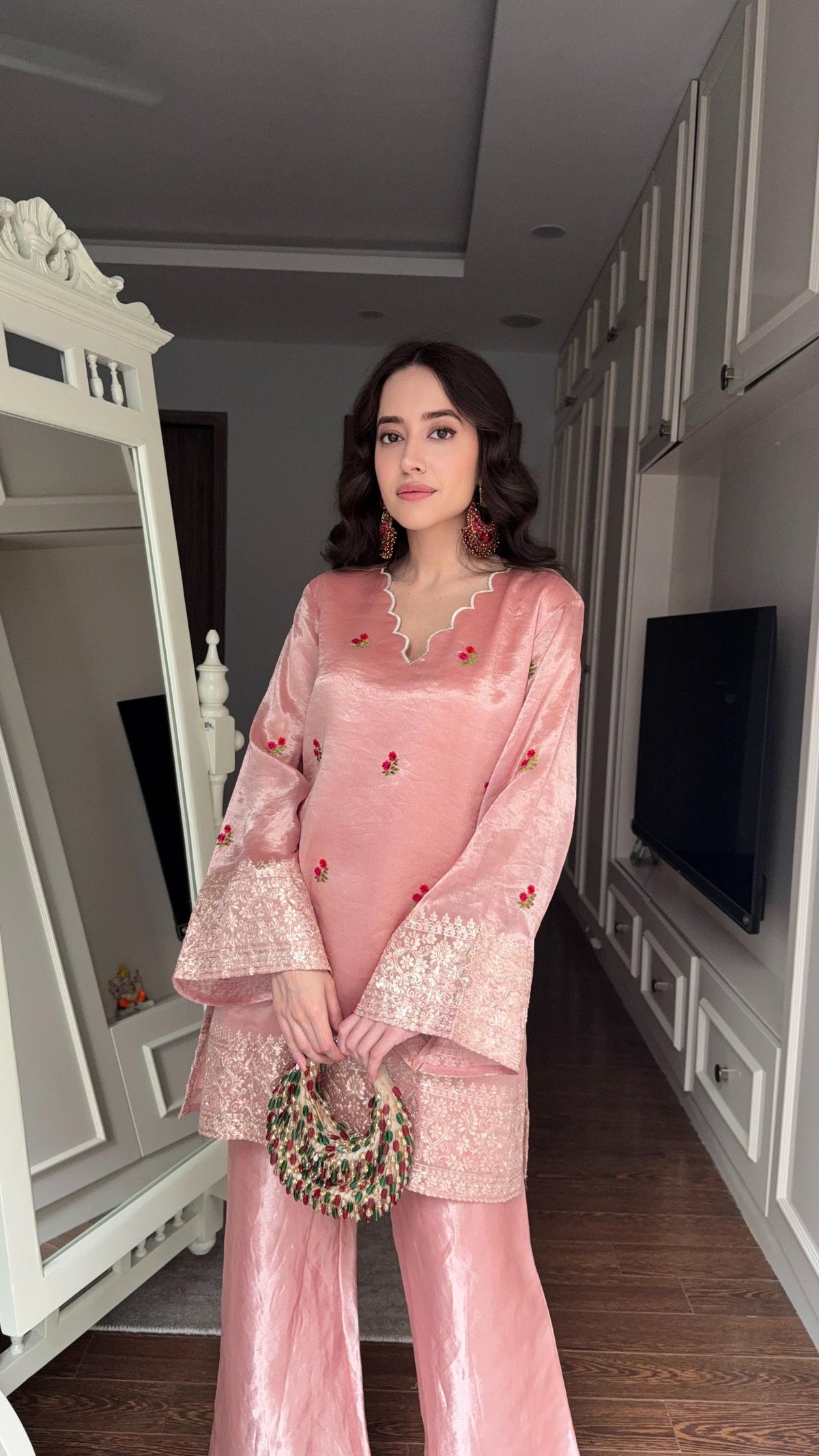 Rose Pink Floral Tissue Embroidered Coord Set