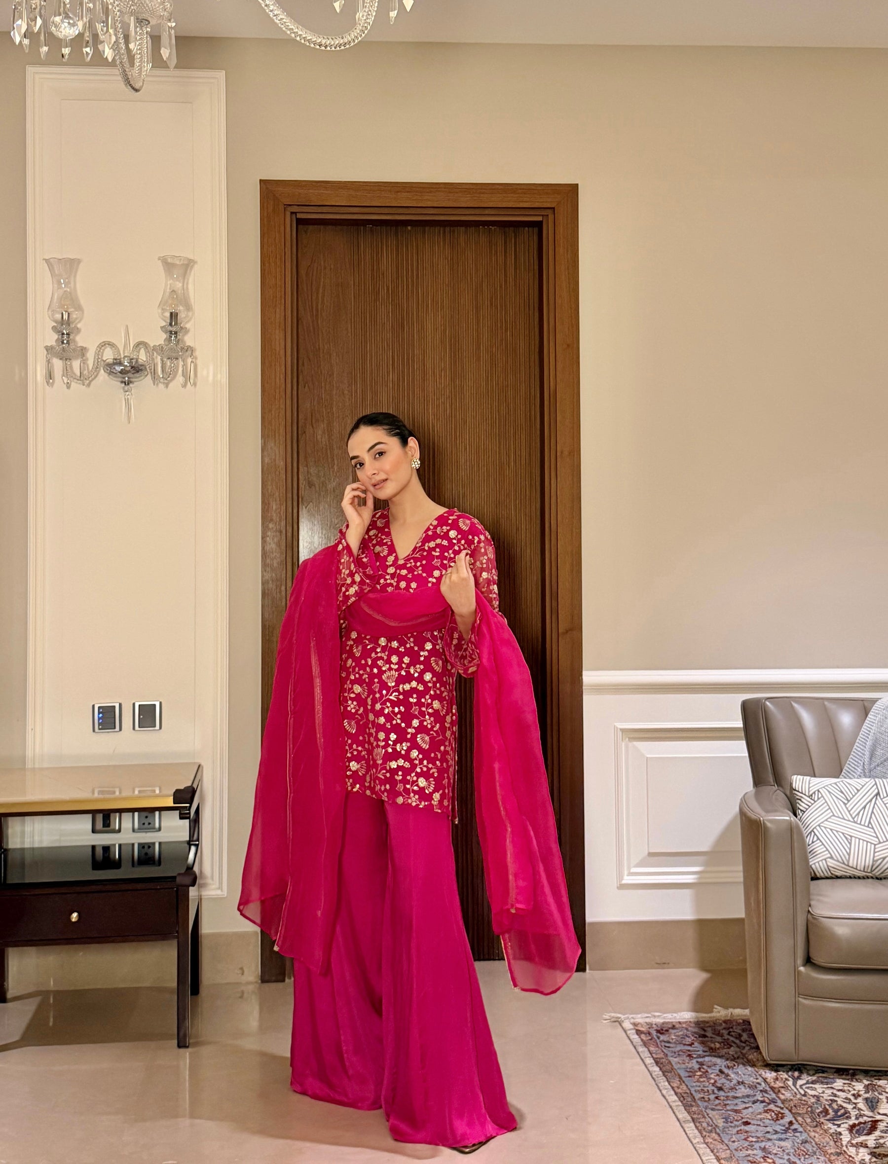 Pink Organza Embroidered Sharara Set