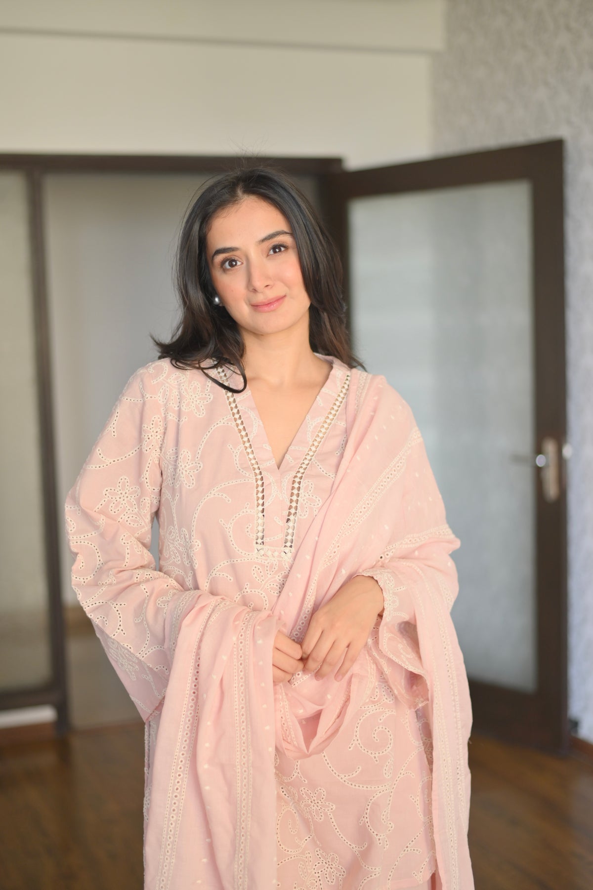 Peach Embroidered Cotton Suit Set