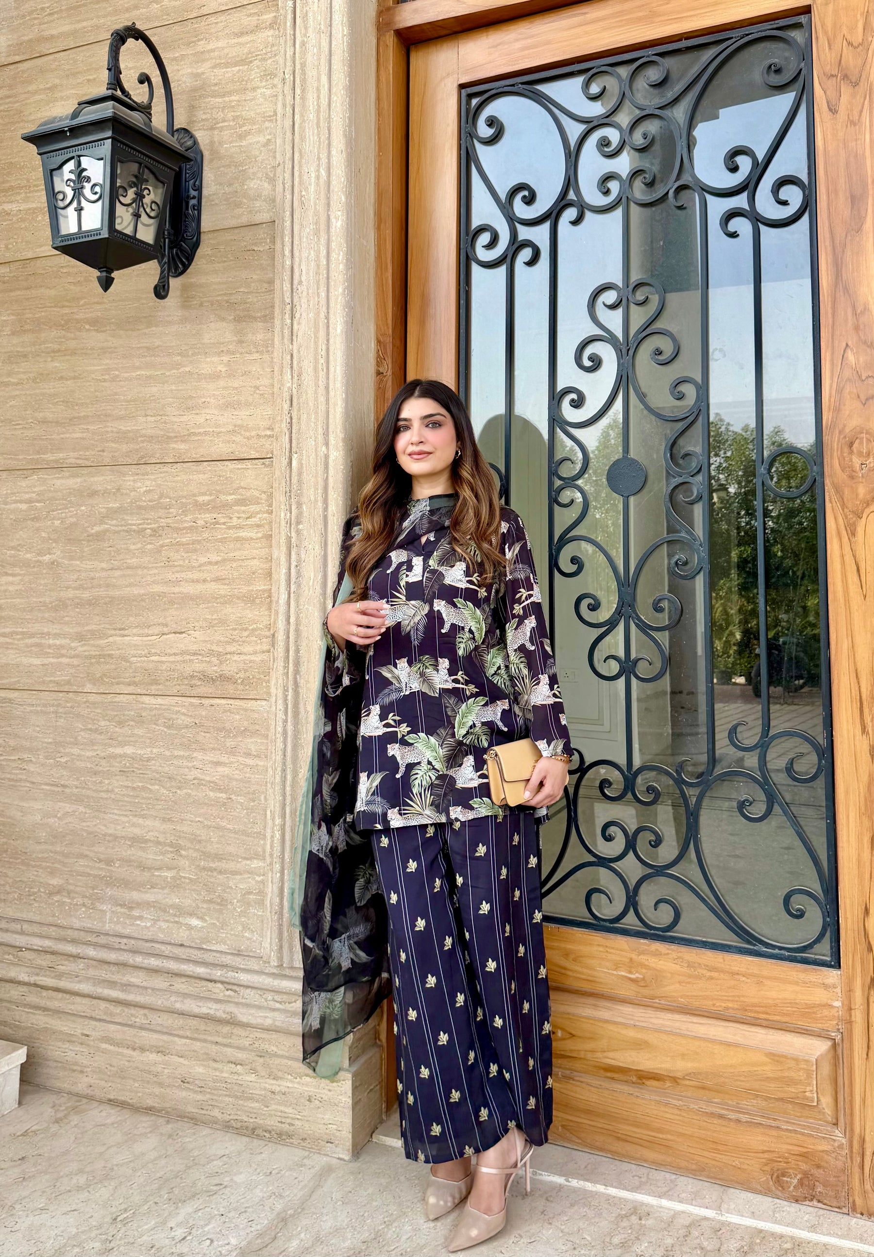 Black Printed Three Piece Suit Set